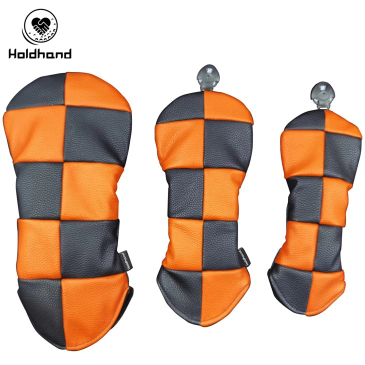 Wasserabweisende Golfschlägerkopfhüllen in Schwarz und Orange mit kariertem Design, passend für alle Marken